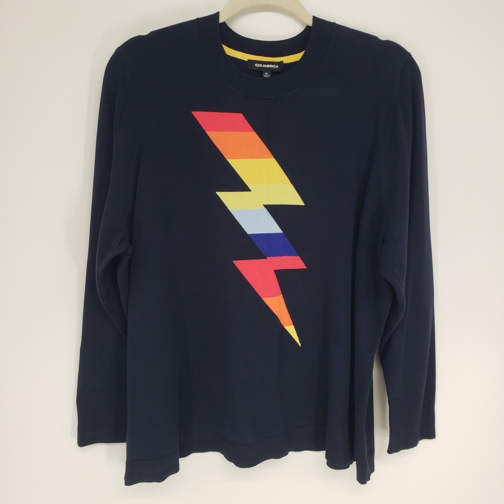 525 America Rainbow Lightning Bolt Sweater Women 2X Navy Blue Graphic Knit Top
